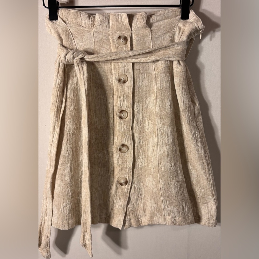Current Air Floral Jacquard Paperbag Mini Skirt S Linen Blend Neutral Cream